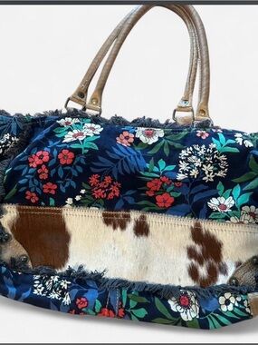 Myra Bag Navy Floral Velvet Tote with Brown & White Cowhide and Tan Handles